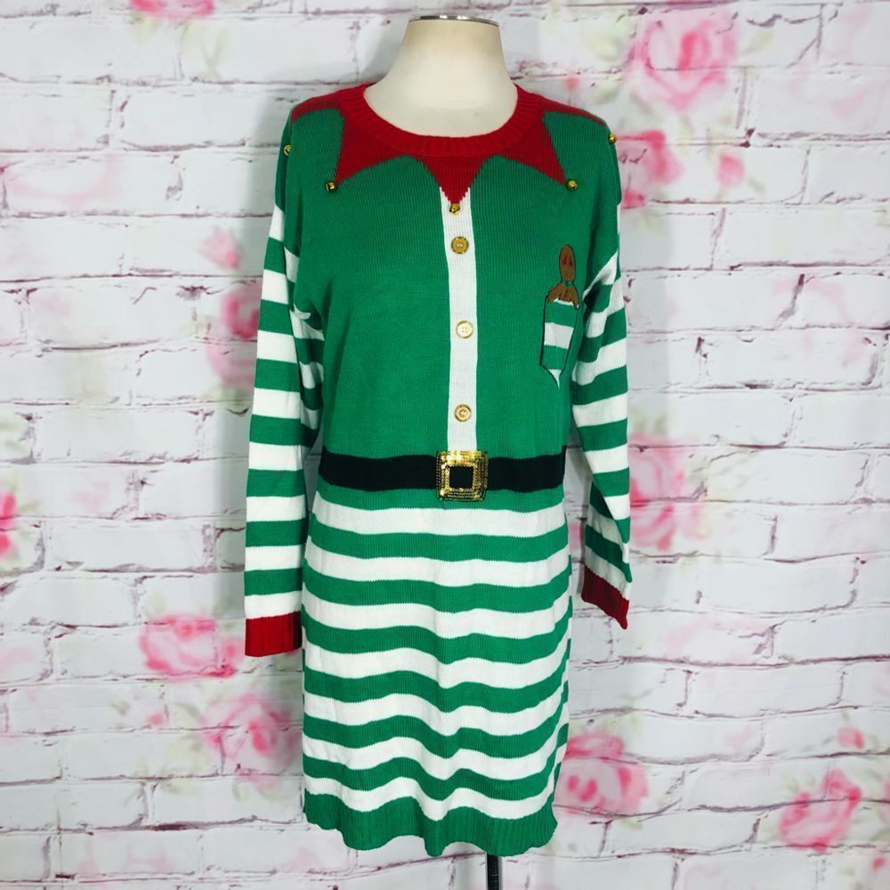 🔥🔥5 for $25🔥🔥tiara international elf green white Christmas sweater jingle bells